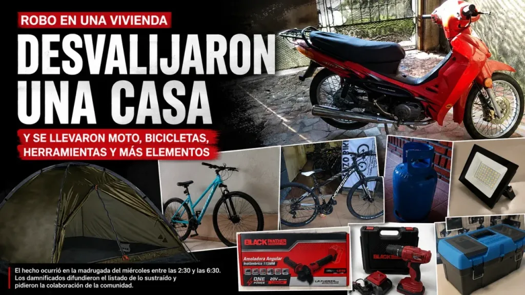 Delincuentes desvalijaron una vivienda y se llevaron una moto, bicicletas, herramientas y otros elementos
